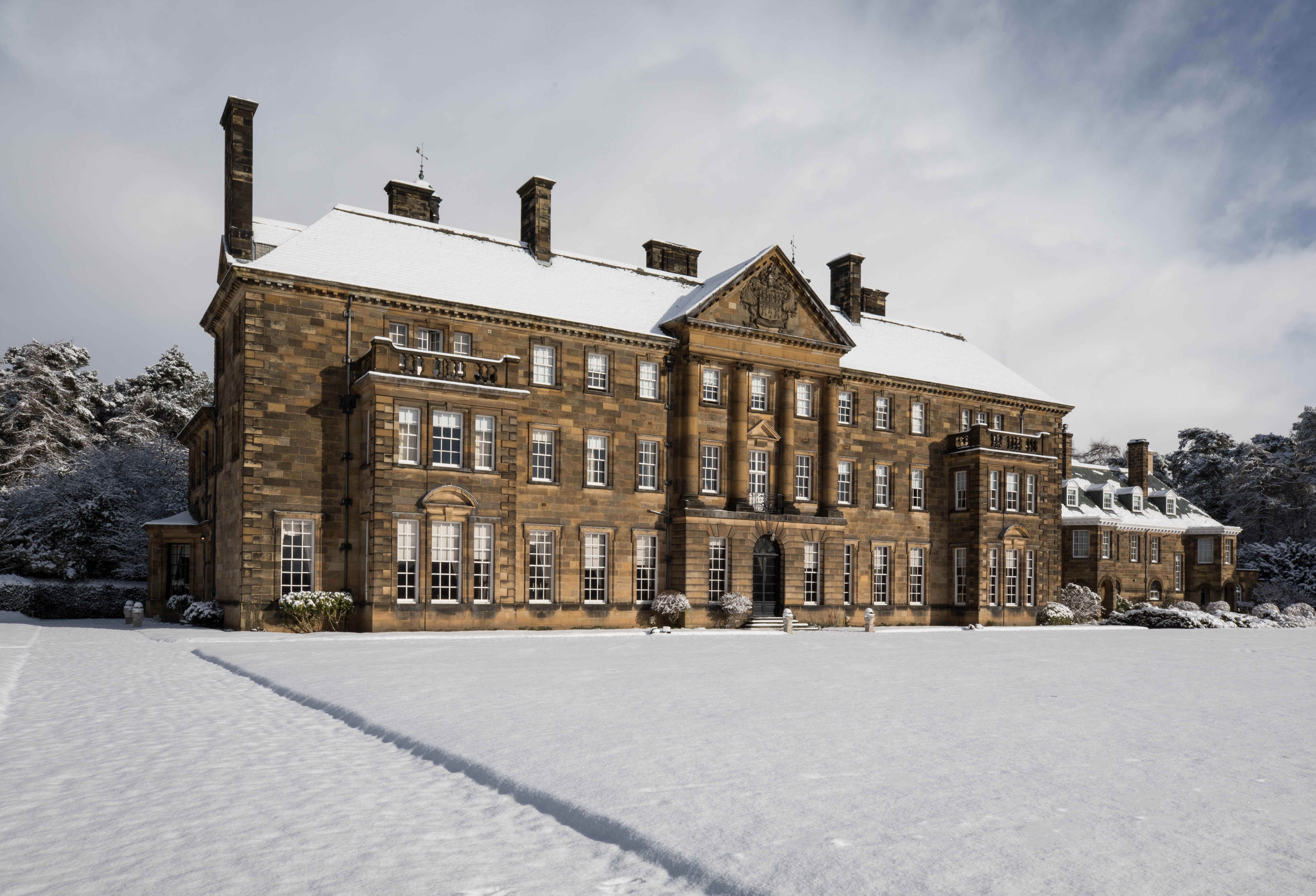 Crathorne Hall Hotel exterior at Christmas